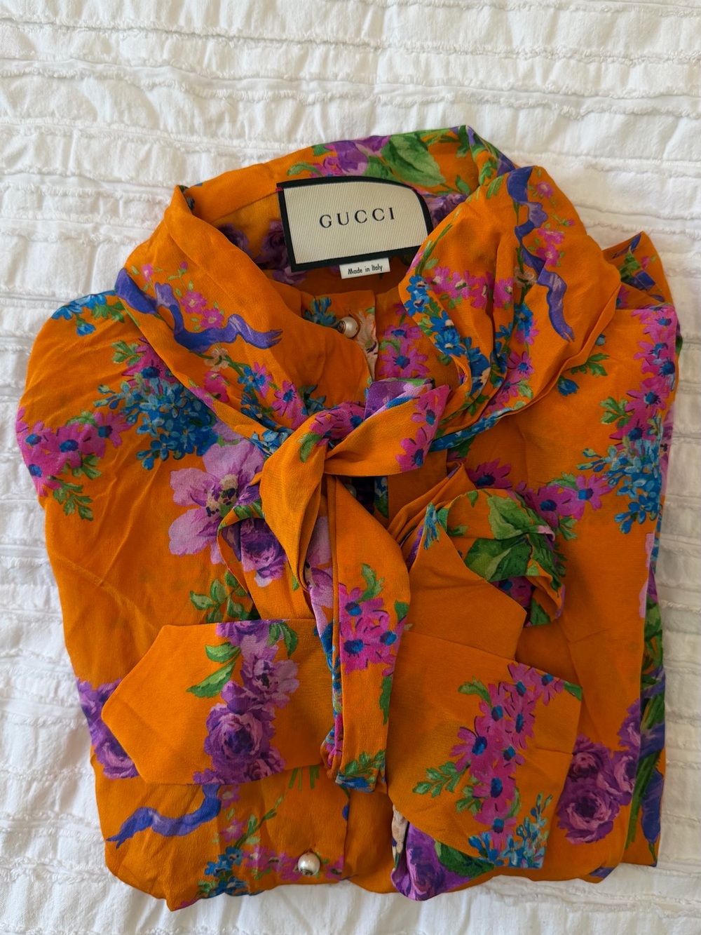 Gucci Orange Floral Silk Blouse with Tie Detail